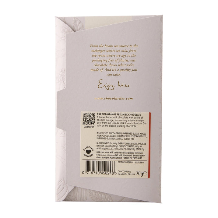 Chocolarder Candied Orange Peel 60% Milk Chocolate Bar