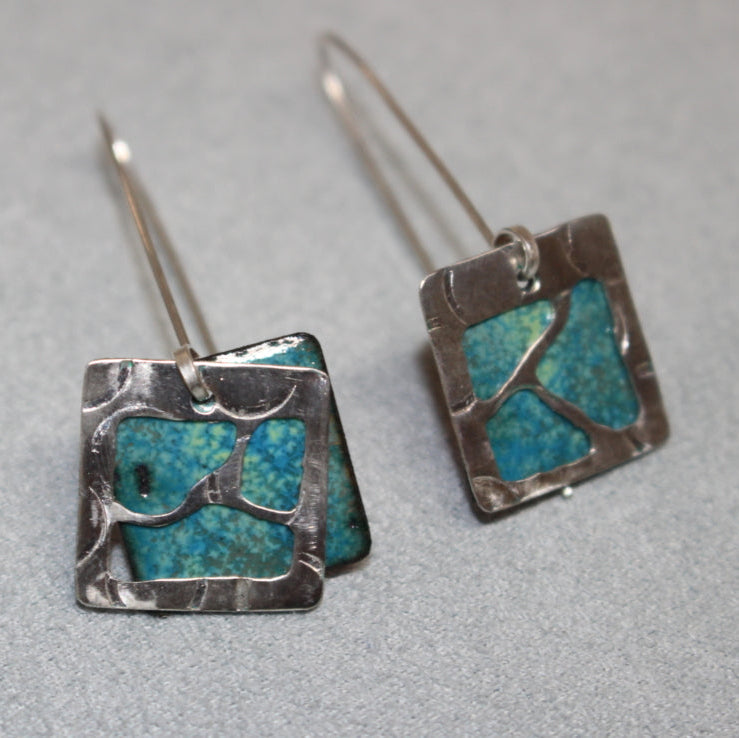Sterling Silver Window Earrings - Green and Sea Blue