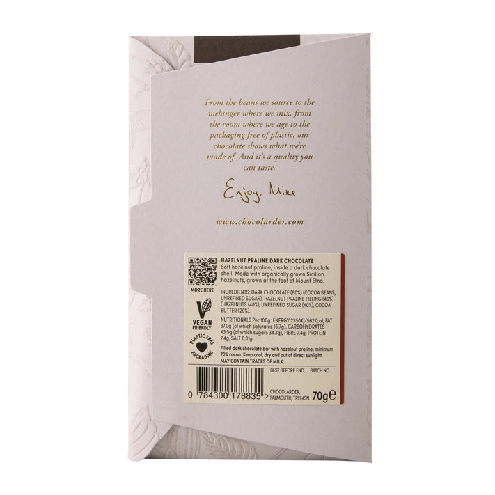 Chocolarder Hazelnut Praline Filled 70% Dark Chocolate Bar