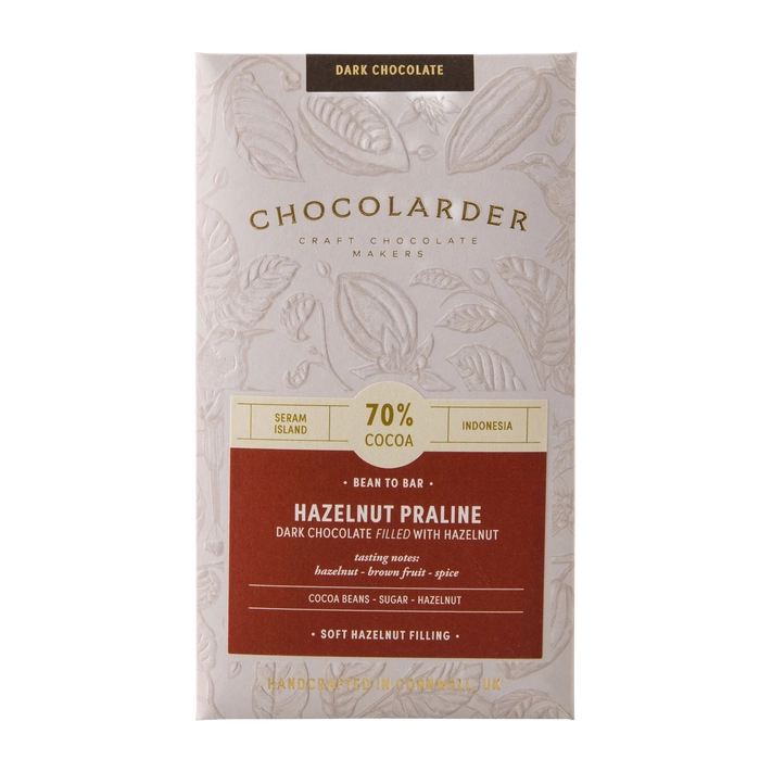 Chocolarder Hazelnut Praline Filled 70% Dark Chocolate Bar