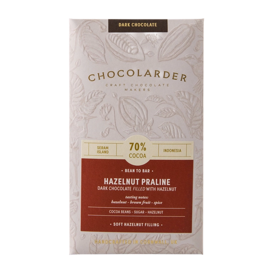 Chocolarder Hazelnut Praline Filled 70% Dark Chocolate Bar