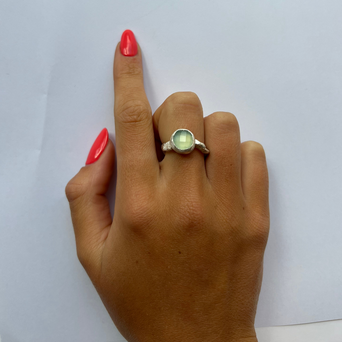 Sarah Drew Silver Ring - Large Round Faceted Chalcedony