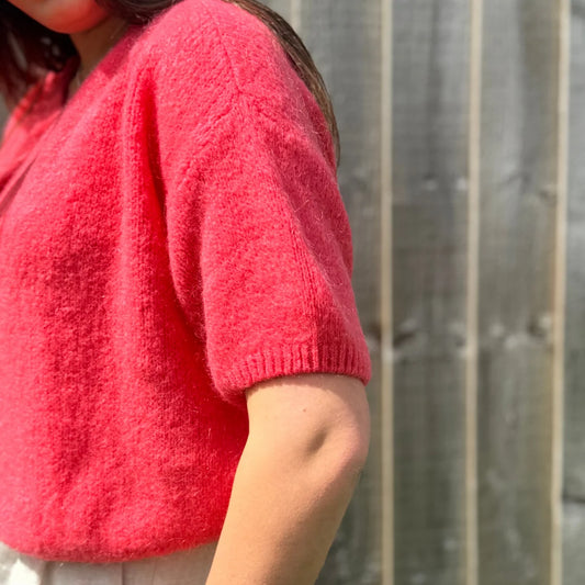 Cropped Sleeve Mohair Blend Cardigan - Coral