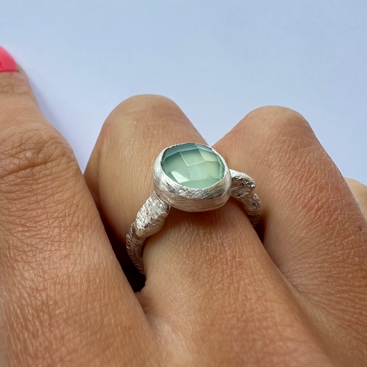 Sarah Drew Silver Ring - Large Round Faceted Chalcedony
