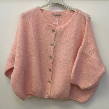 Cropped Sleeve Mohair Blend Cardigan - Baby Pink