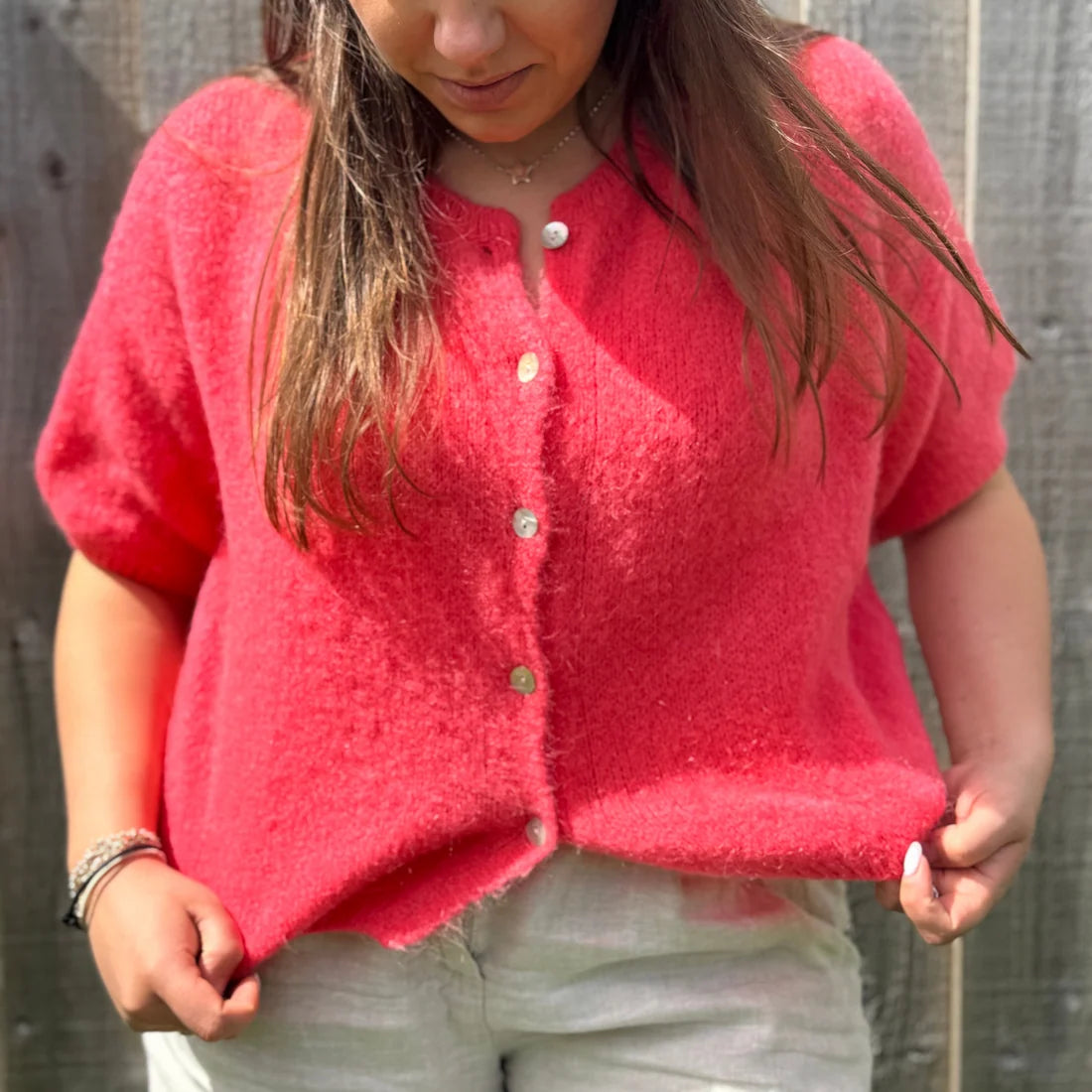 Cropped Sleeve Mohair Blend Cardigan - Coral