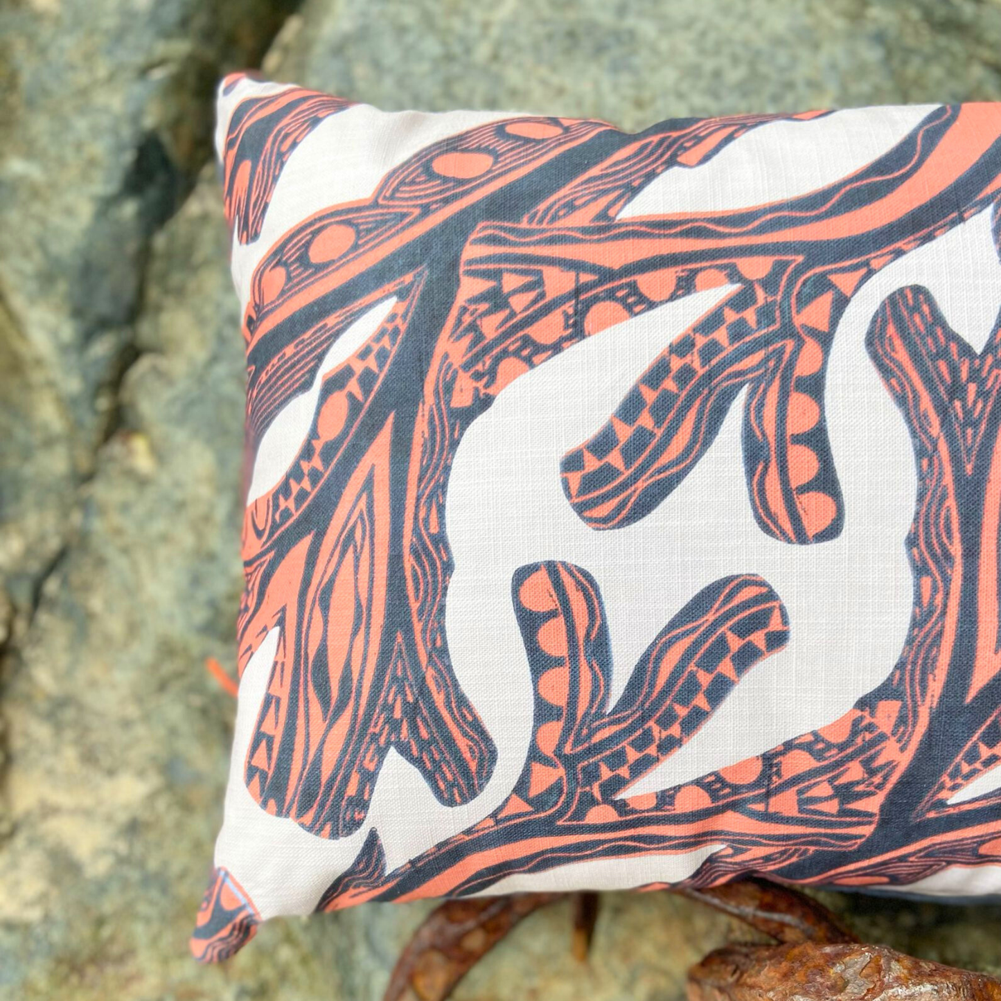 Seaweed Print Cushion - Coral Red
