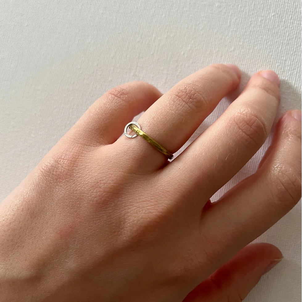 Brass Stacker Ring with Oval Eco-Silver Charm