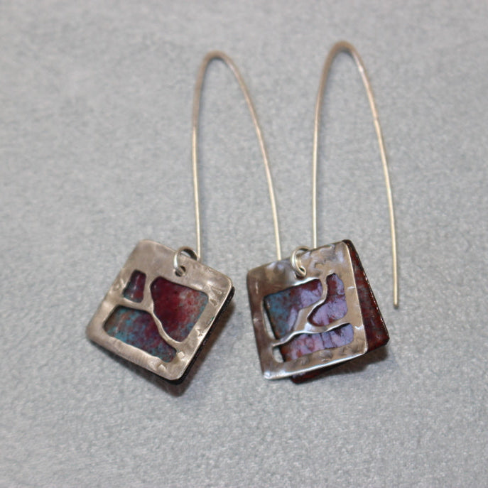 Sterling Silver Window Earrings - Bright Pink and Dusty Blue