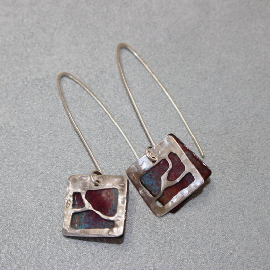 Sterling Silver Window Earrings - Bright Pink and Dusty Blue