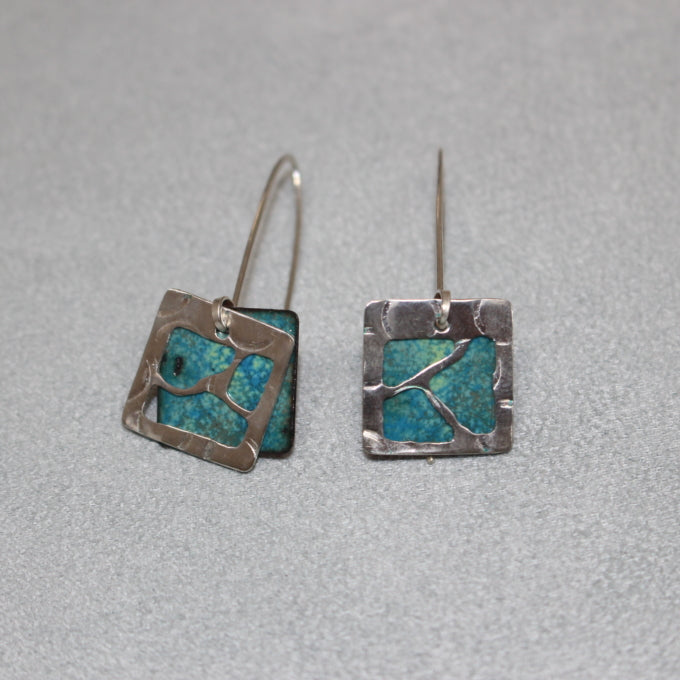 Sterling Silver Window Earrings - Green and Sea Blue