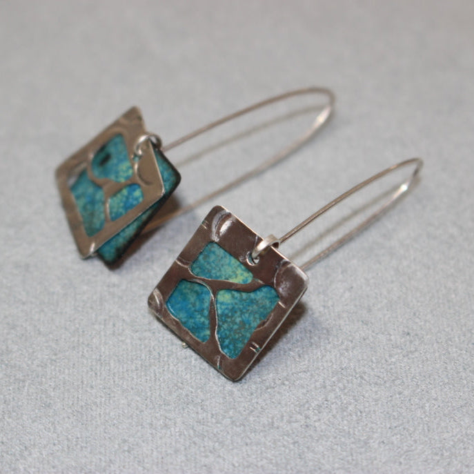 Sterling Silver Window Earrings - Green and Sea Blue