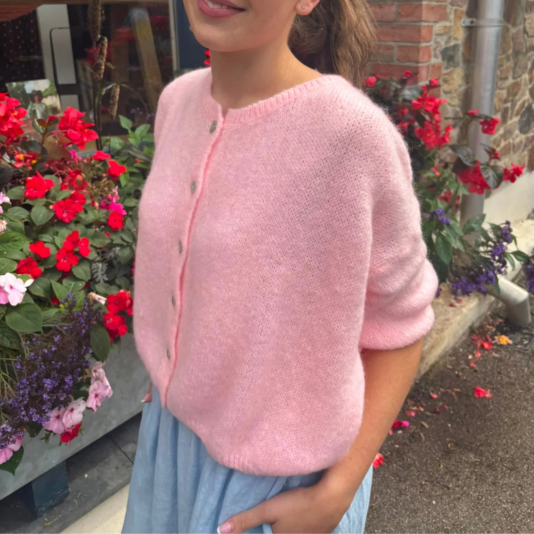 Cropped Sleeve Mohair Blend Cardigan - Baby Pink