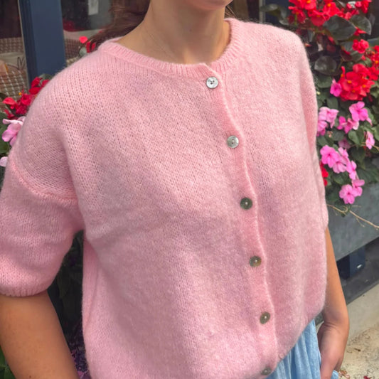 Cropped Sleeve Mohair Blend Cardigan - Baby Pink