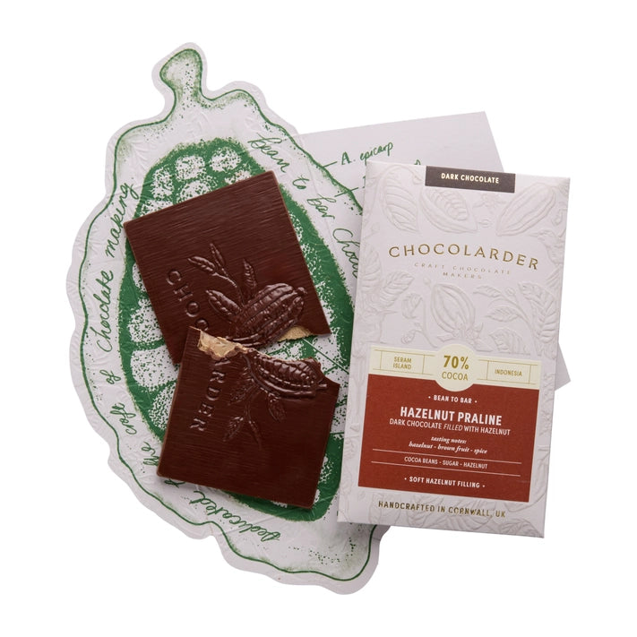 Chocolarder Hazelnut Praline Filled 70% Dark Chocolate Bar