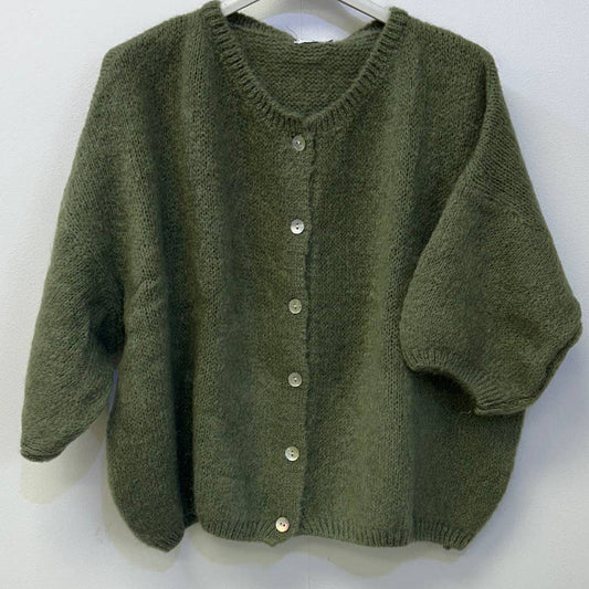 Cropped Sleeve Mohair Cardigan - Pale Khaki